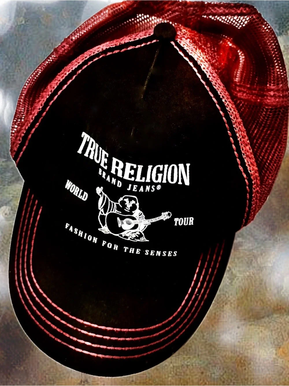 True Religion Buddha Black and Red Embroidered Trucker Cap